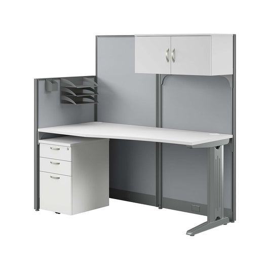 Bush Business Furniture Office in an Hour Straight Cubicle Desk with Storage, Drawers, and Organizers | Modern Computer Table Set with Privacy Panels for Commercial Workspace, 65W, Pure White