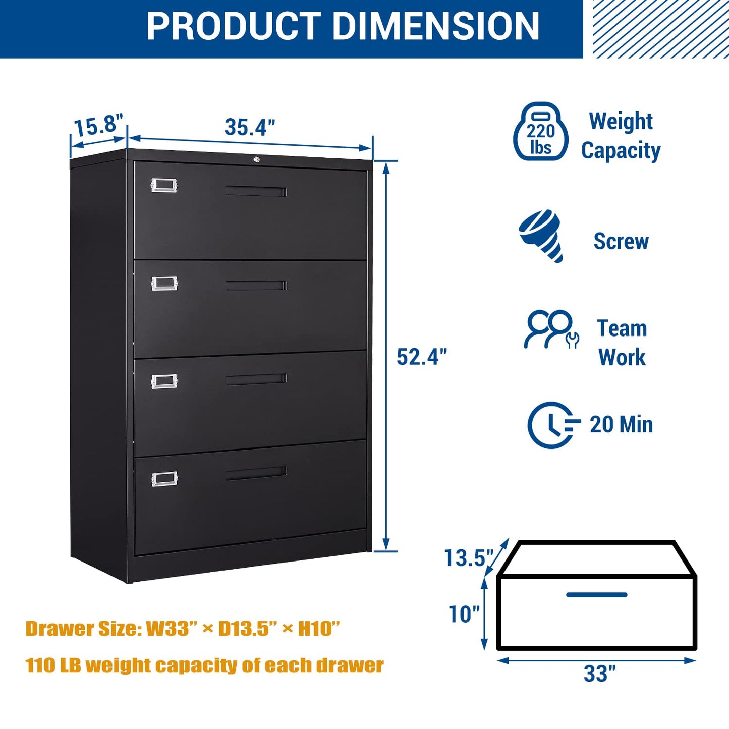 Fesbos Lateral File Cabinet with Lock, 4 Drawer Large Metal Filing Cabinet,Home Office Lockable Storage Cabinet for Hanging Files Letter/Legal/F4/A4 Size-Assembly Required