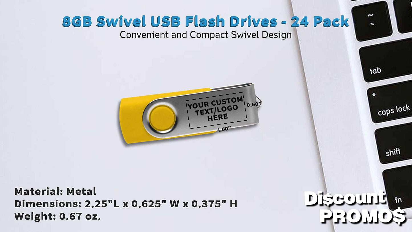 24 Swivel USB Flash Drives Pack, 8GB - Customizable Text, Logo - Pocket Size, Long Data Retention - Yellow