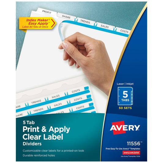 Avery 5 Tab Dividers for 3 Ring Binder, Easy Print & Apply Clear Label Strip, Index Maker Customizable White Tabs, 4-Pack of 50 Sets, 200 Sets Total (11556)