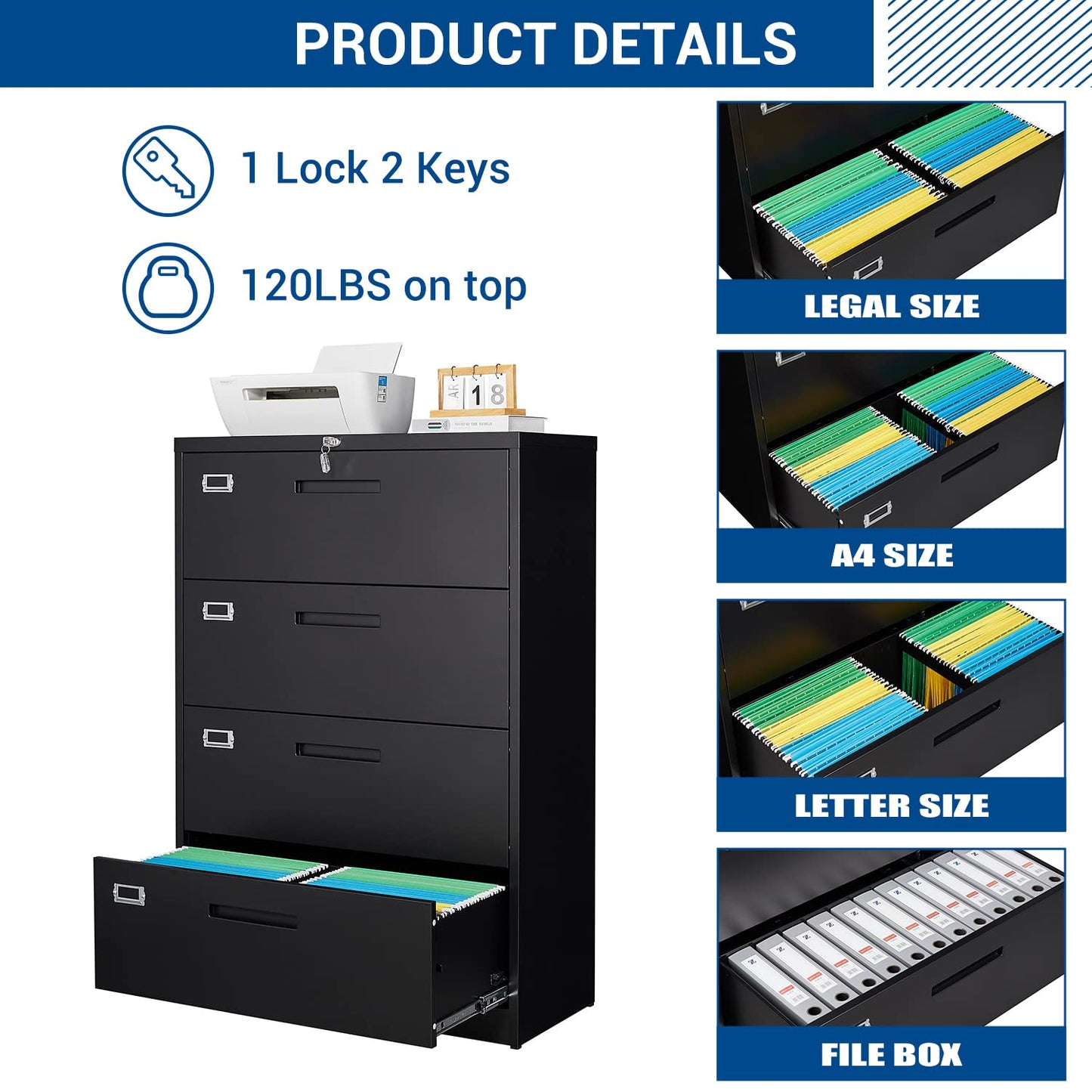 Fesbos Lateral File Cabinet with Lock, 4 Drawer Large Metal Filing Cabinet,Home Office Lockable Storage Cabinet for Hanging Files Letter/Legal/F4/A4 Size-Assembly Required