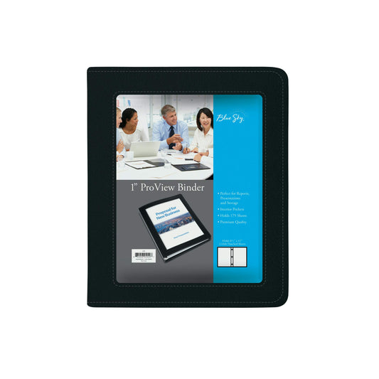 Blue Sky ProView Legacy Black 3 Ring Binder, Letter Size, 1", Textured Faux Leather Cover, Built-in Pockets, Holds 175 Sheets (94029)