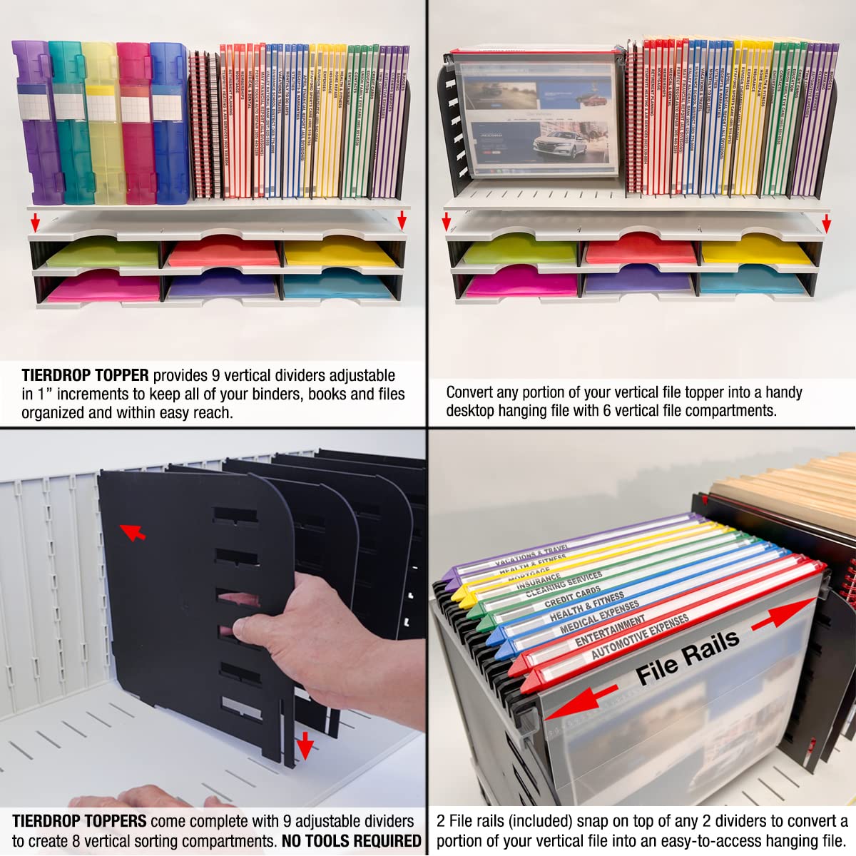 Desktop Organizer 12 Letter Tray Sorter with Hanging File Topper & 3 Supply Drawers - TierDrop Desktop Organizer Stores All of Your Documents, Books, Binders and Supplies in One Compact Modular System