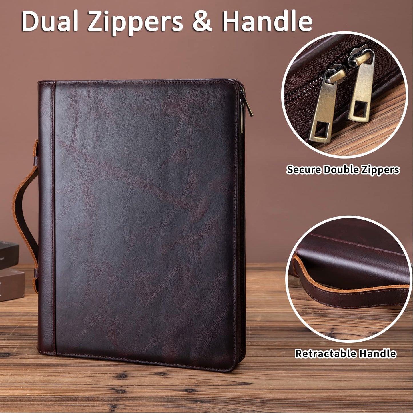 Geslun Personalized Genuine Leather Portfolio Clipboard Folder, 3 Ring Binder Padfolio for A4 Notebook, Zippered Business Organizer with Hidden Handle for Women Men, Dark Brown, Oil Tanned