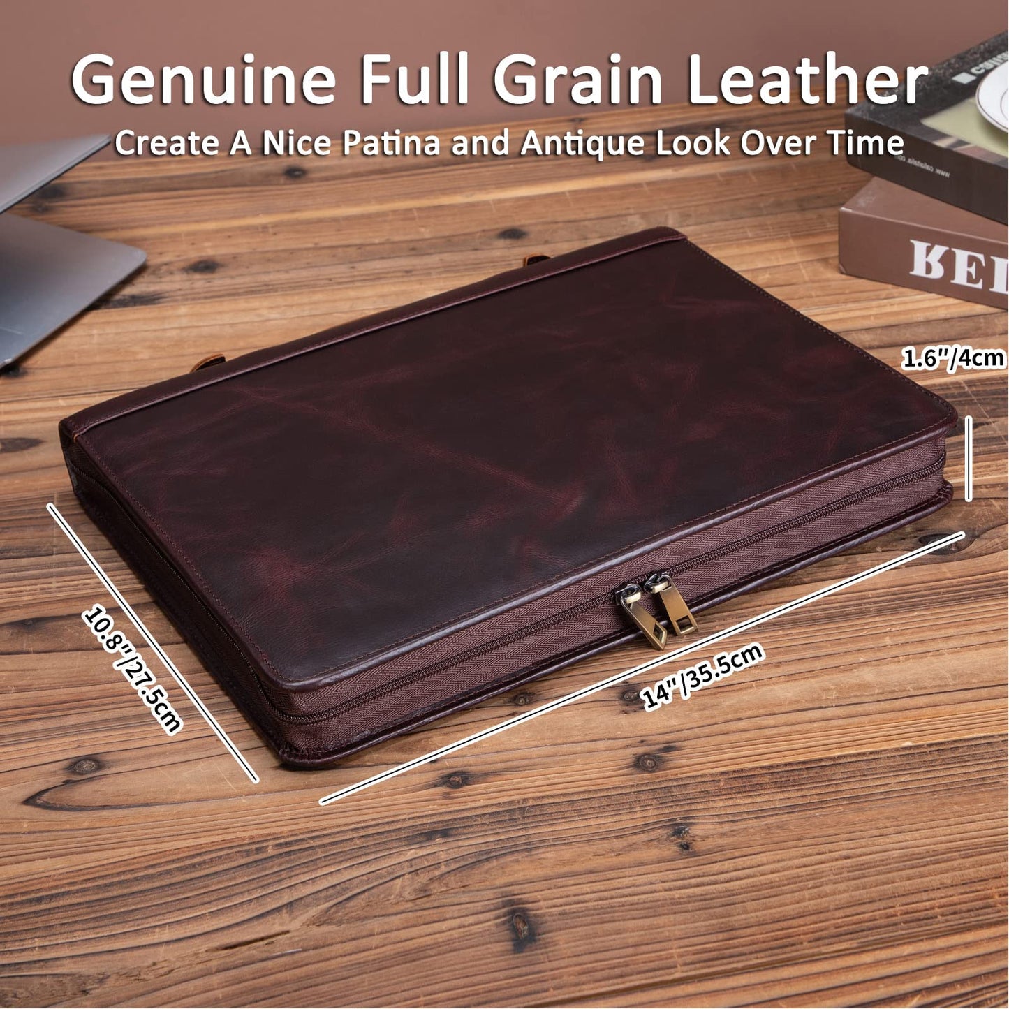 Geslun Personalized Genuine Leather Portfolio Clipboard Folder, 3 Ring Binder Padfolio for A4 Notebook, Zippered Business Organizer with Hidden Handle for Women Men, Dark Brown, Oil Tanned