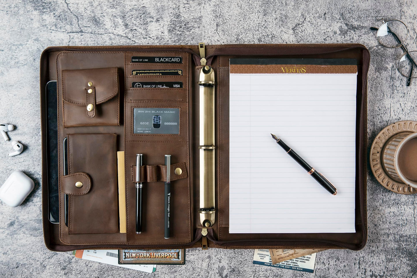 Leather Portfolio with 3 Ring Binder, Personalized Leather Binder Padfolio Zippered ortfolio Organizer, Engraved Leather Portfolio Binder, Custom Gift for Men Women （Dark Khaki, Non-Custom）