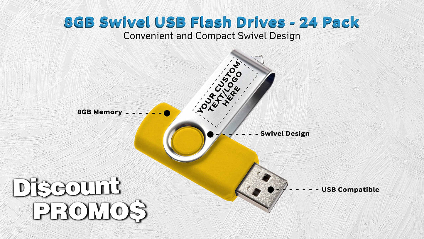 24 Swivel USB Flash Drives Pack, 8GB - Customizable Text, Logo - Pocket Size, Long Data Retention - Yellow