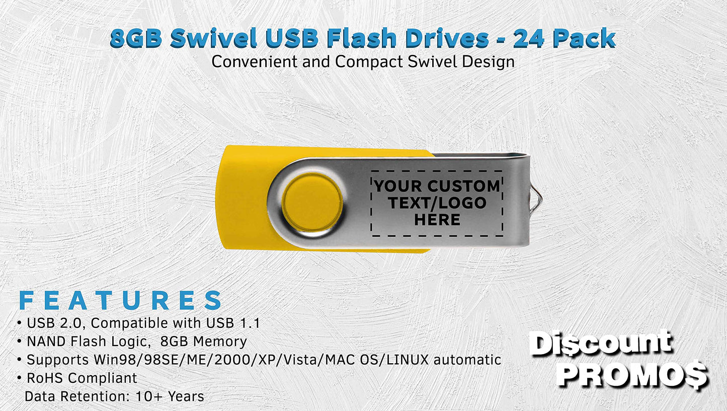 24 Swivel USB Flash Drives Pack, 8GB - Customizable Text, Logo - Pocket Size, Long Data Retention - Yellow