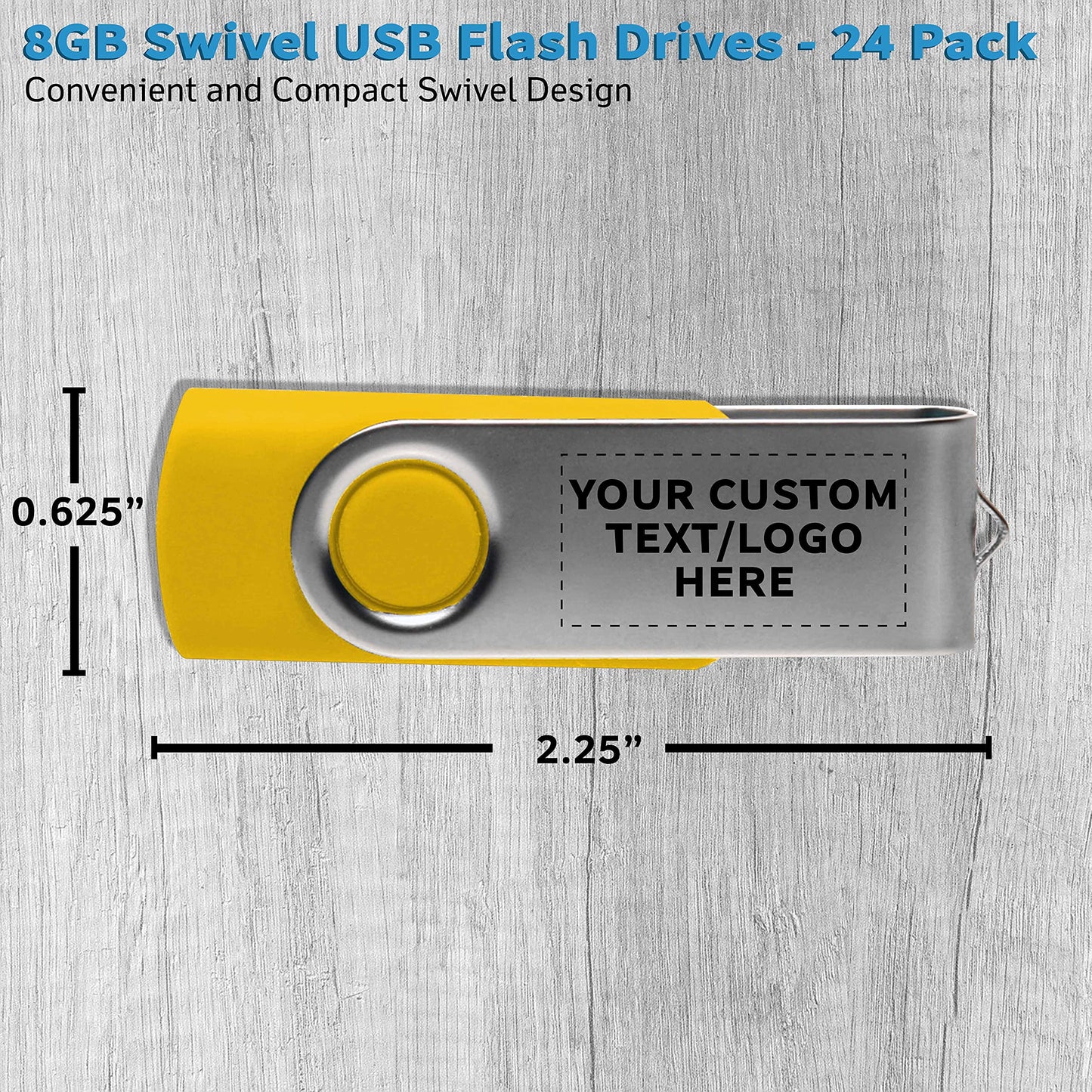 24 Swivel USB Flash Drives Pack, 8GB - Customizable Text, Logo - Pocket Size, Long Data Retention - Yellow